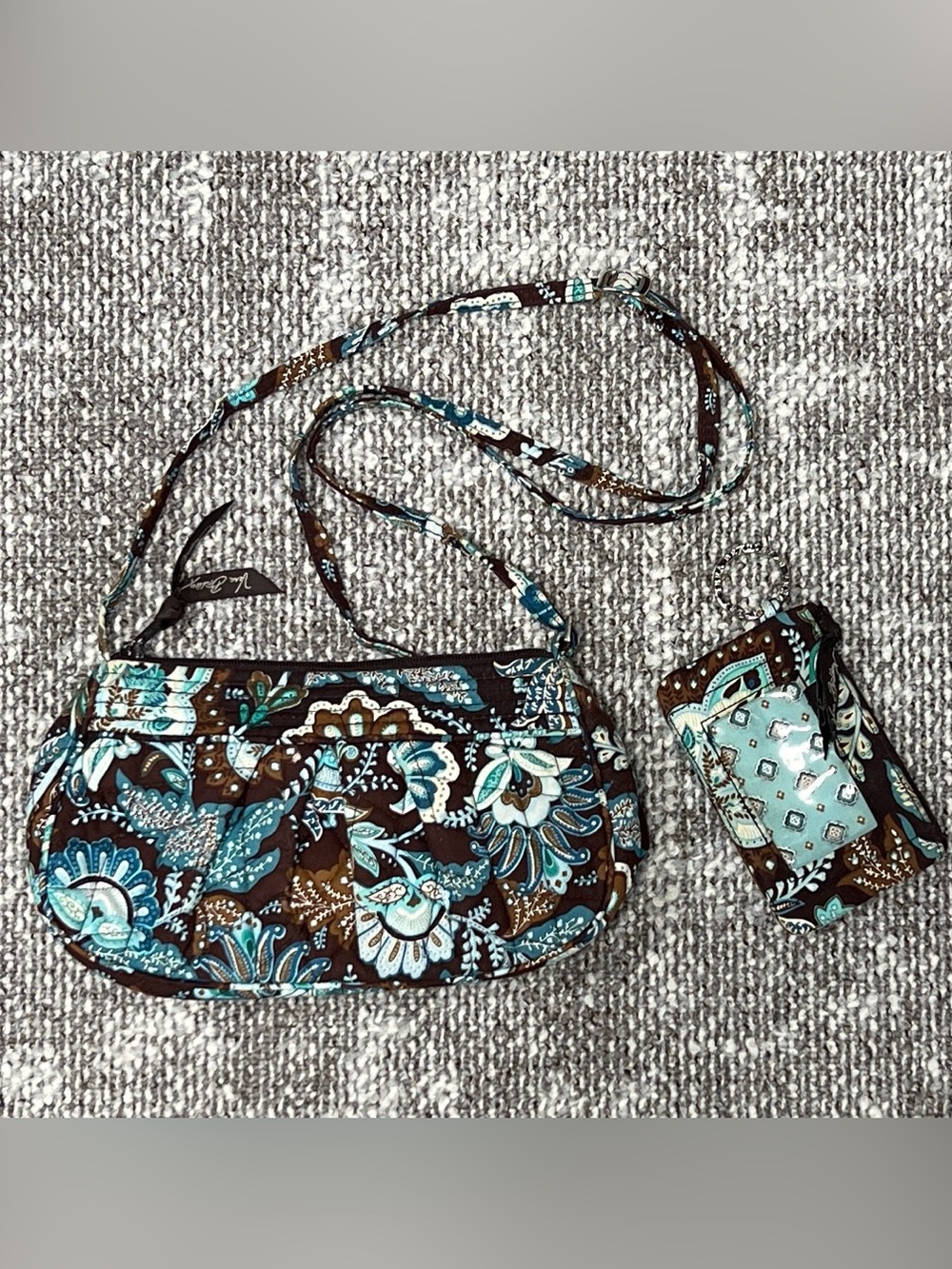 Vera Bradley Brown and Teal Quilted Floral Crossbody with Card Case Set